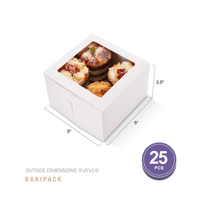 BAKIPACK 25 White Bakery Boxes with Window 5x5x3.5 Inches, Dessert Boxes to Go with Window, Treat Boxes for Small Bakery, Dessert, Candy, Cookies, Pastry, Party Favors, Wedding Cake - Image 5